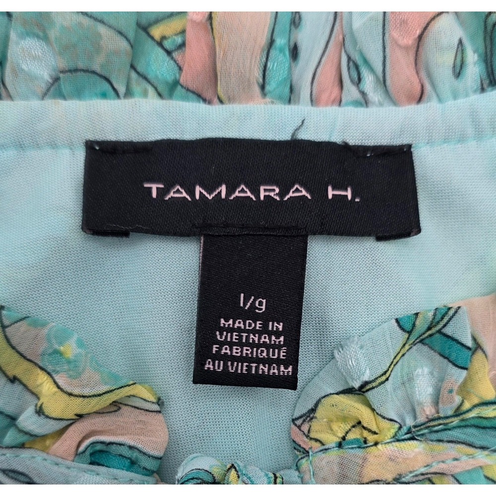 Tamara H Womens Paisley Clip Dot Blouse Smocked Hem Ruffle Neck Turquoise Large - Picture 8 of 10